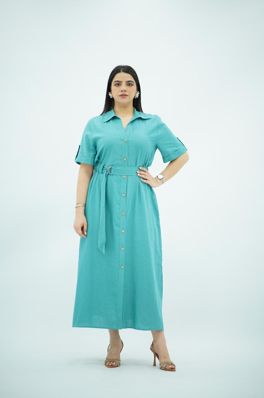 Robe en Lin Ceinturée – Bleu Turquoise