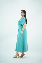 Robe en Lin Ceinturée – Bleu Turquoise
