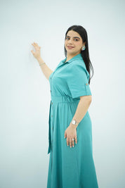 Robe en Lin Ceinturée – Bleu Turquoise