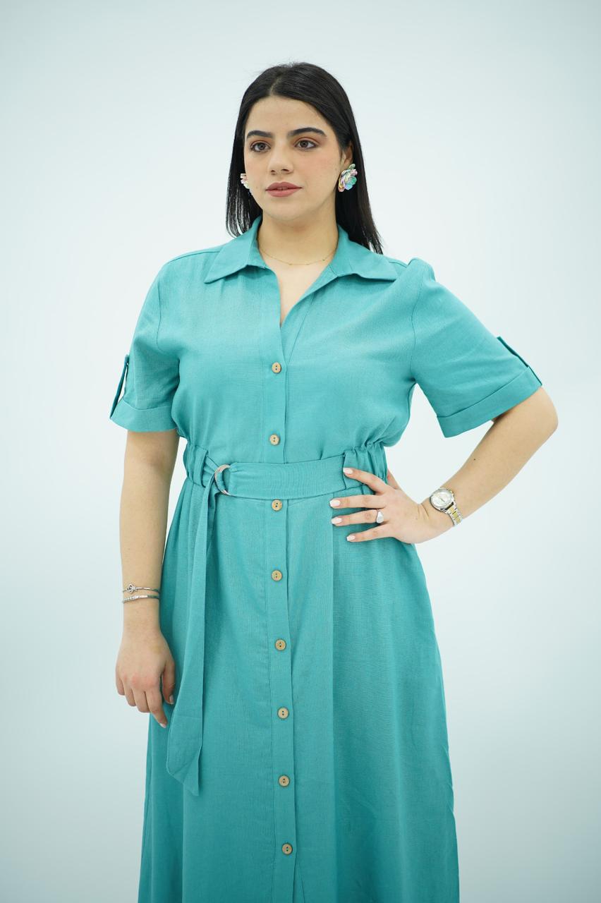 Robe en Lin Ceinturée – Bleu Turquoise