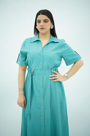 Robe en Lin Ceinturée – Bleu Turquoise