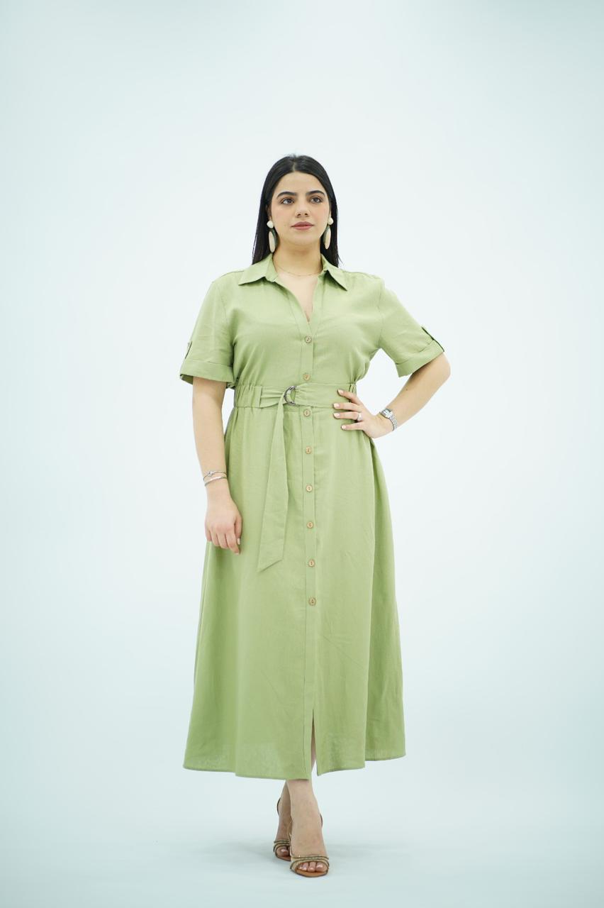 Robe en Lin Ceinturée – Vert Sauge