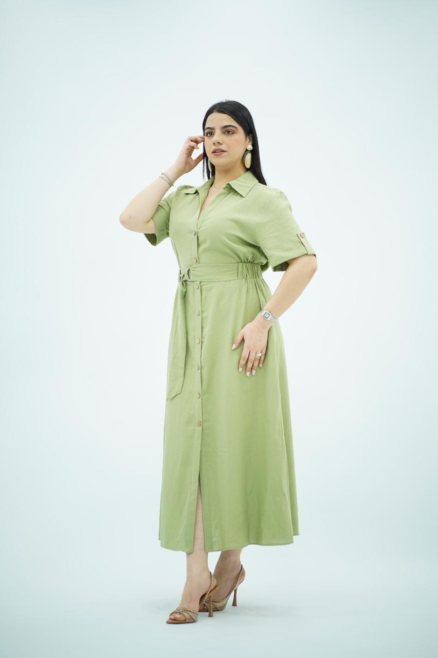 Robe en Lin Ceinturée – Vert Sauge