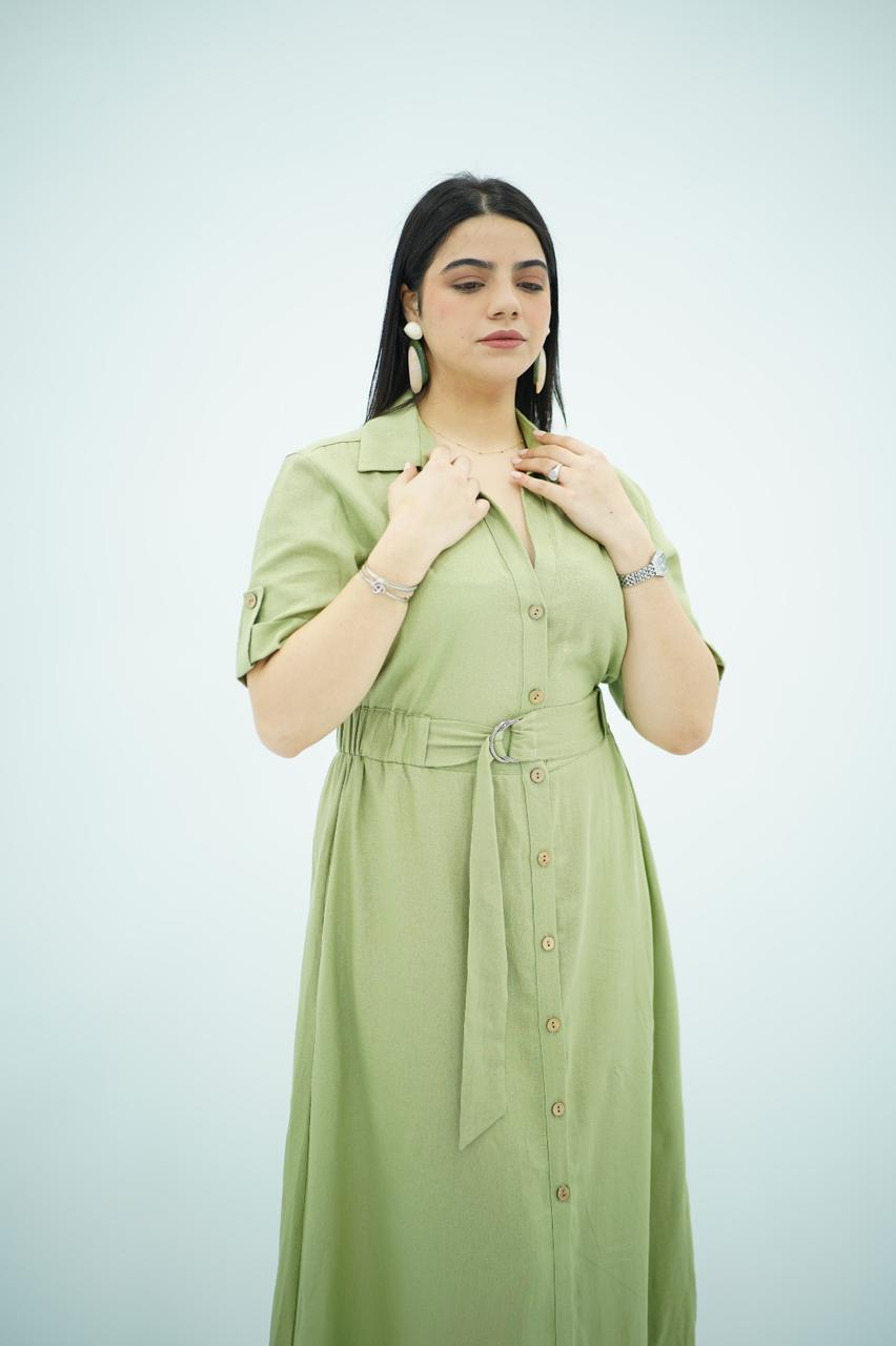 Robe en Lin Ceinturée – Vert Sauge