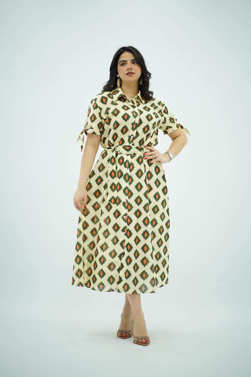 Robe Chemise Imprimée Écru et Terre Cuite