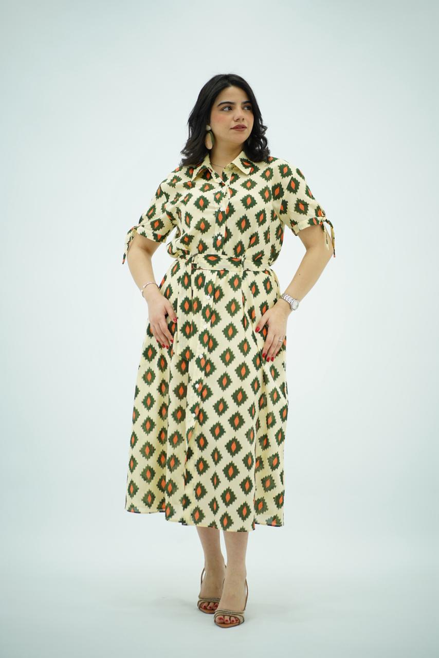 Robe Chemise Imprimée Écru et Terre Cuite