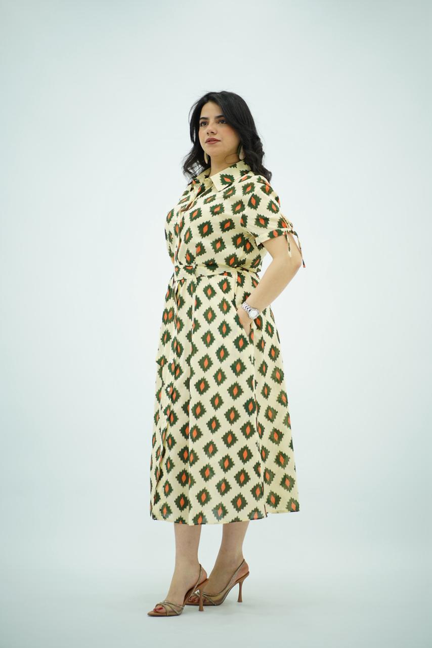 Robe Chemise Imprimée Écru et Terre Cuite