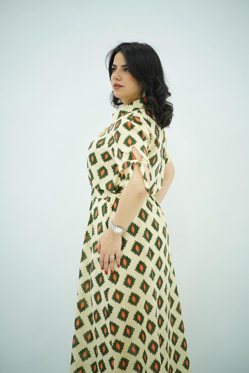 Robe Chemise Imprimée Écru et Terre Cuite