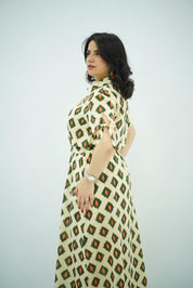 Robe Chemise Imprimée Écru et Terre Cuite