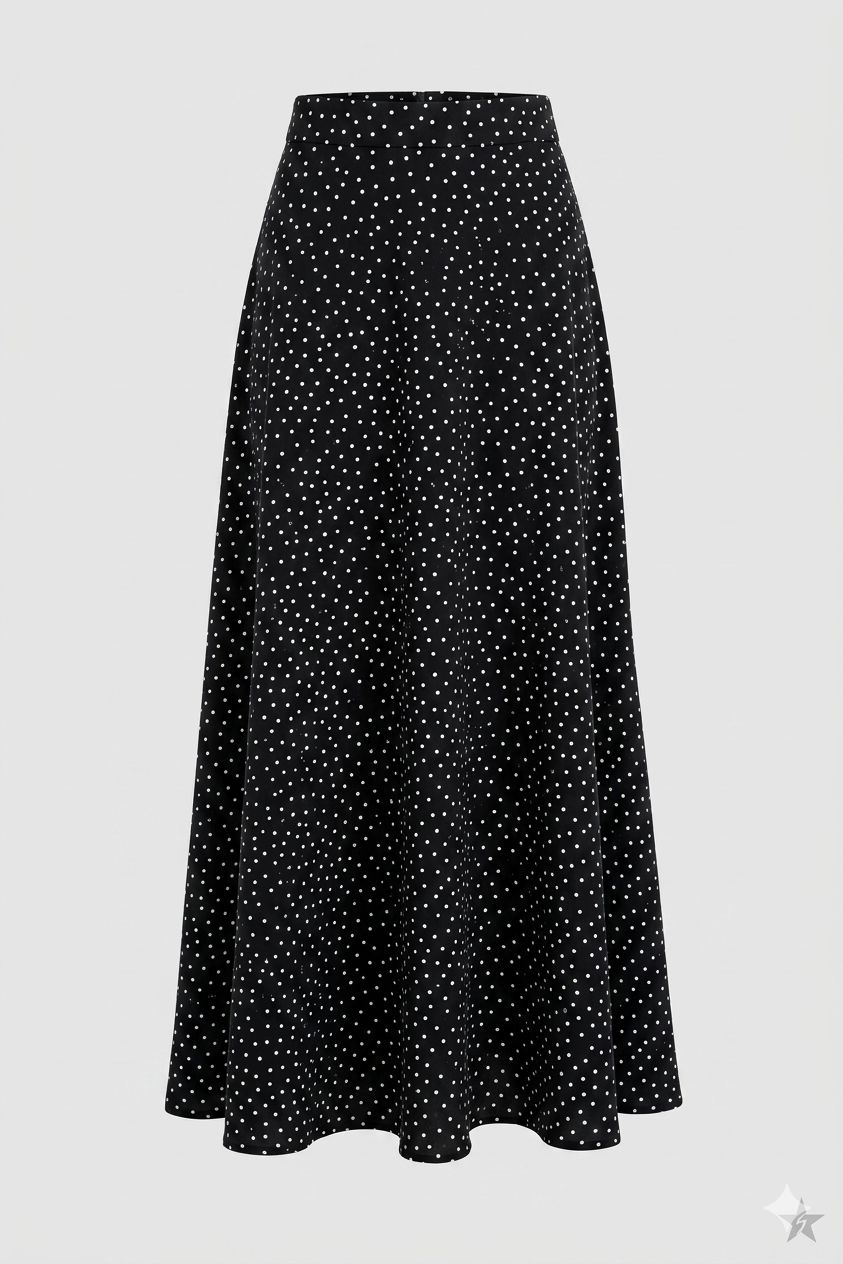 Jupe Longue Évasée à Pois Blancs – Noir Classique