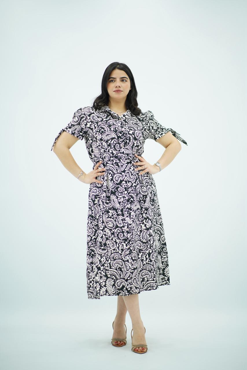 Robe mi-longue à imprimé avec nœuds aux manches