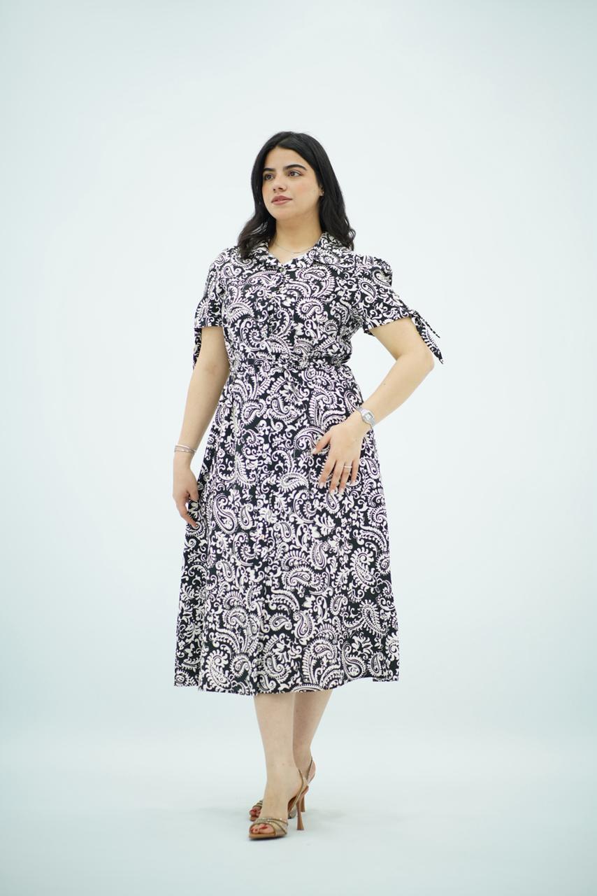 Robe mi-longue à imprimé avec nœuds aux manches