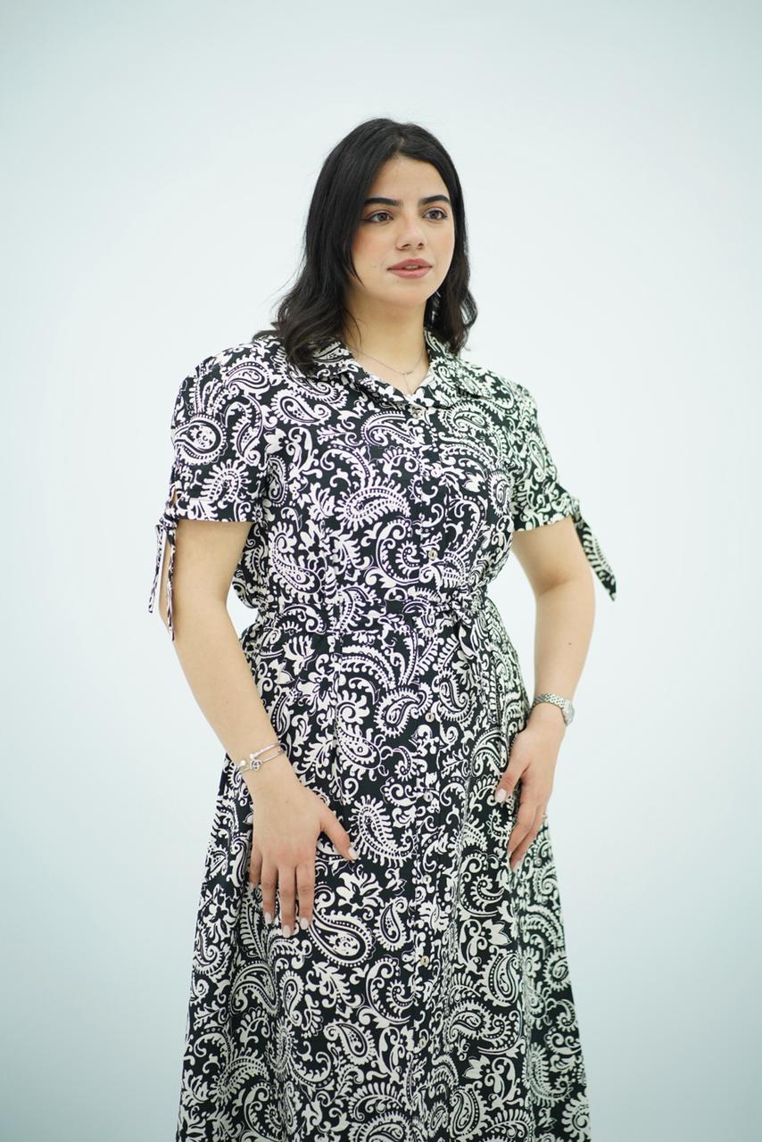 Robe mi-longue à imprimé avec nœuds aux manches