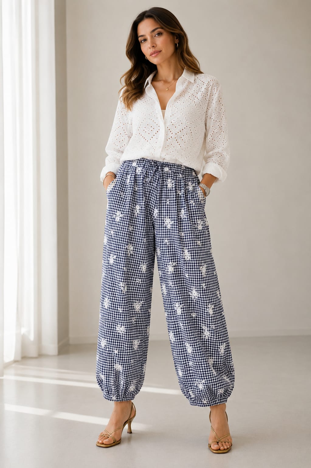 Pantalon Ballon Vichy Brodé
