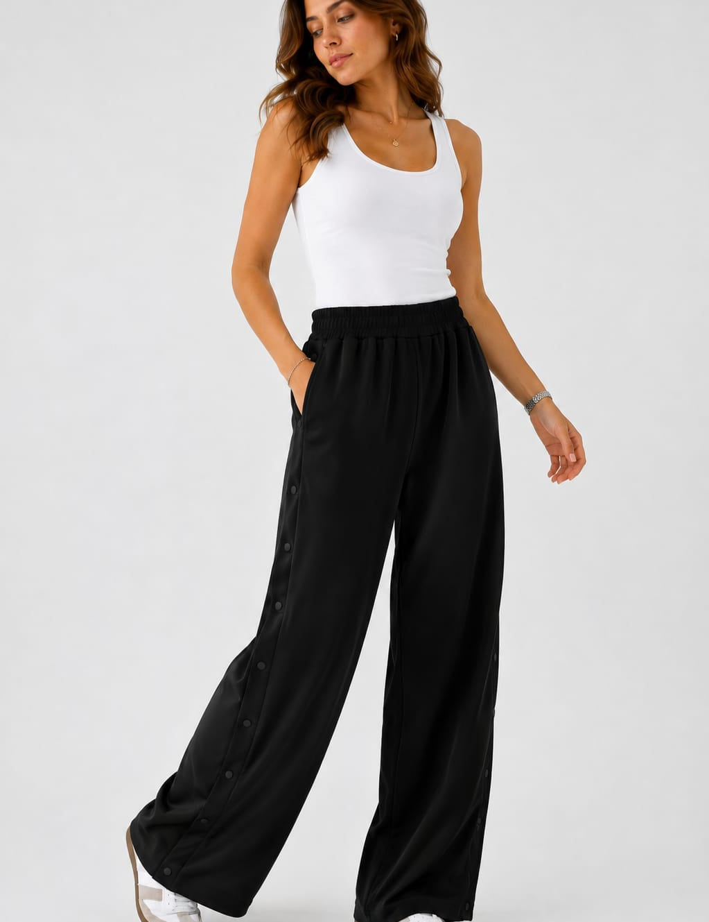 Pantalons Jogging Wide Leg à Boutons Pression
