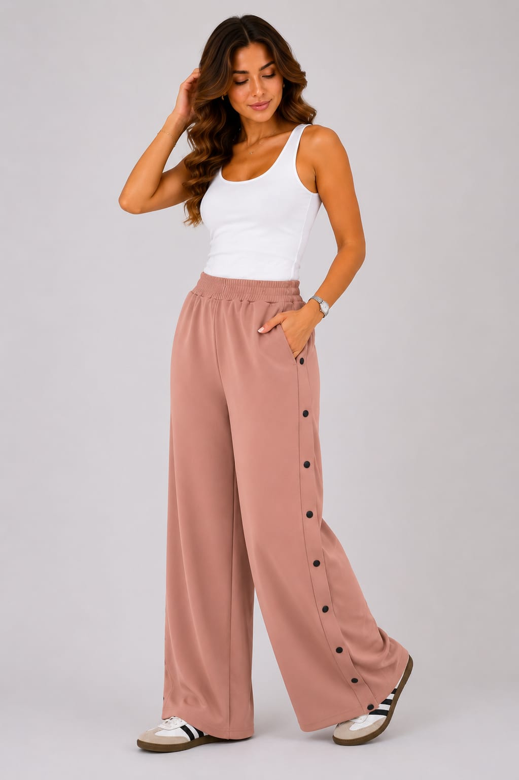 Pantalons Jogging Wide Leg à Boutons Pression