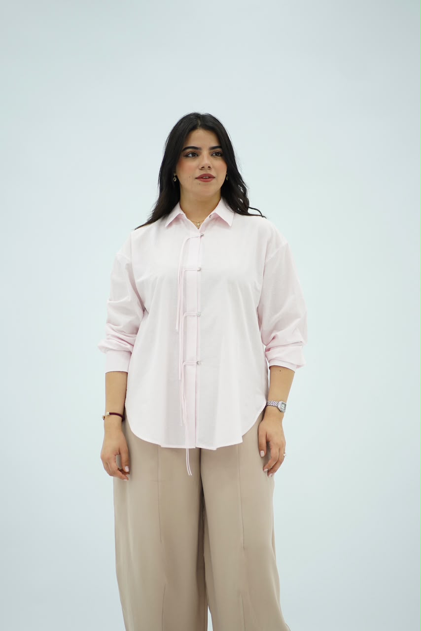 Chemise Oversize Rose Poudré avec Détail Cordon
