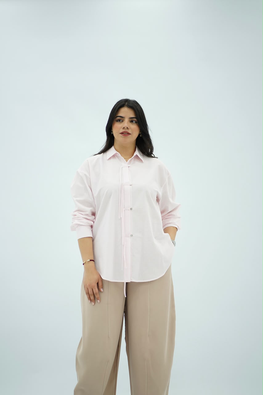 Chemise Oversize Rose Poudré avec Détail Cordon