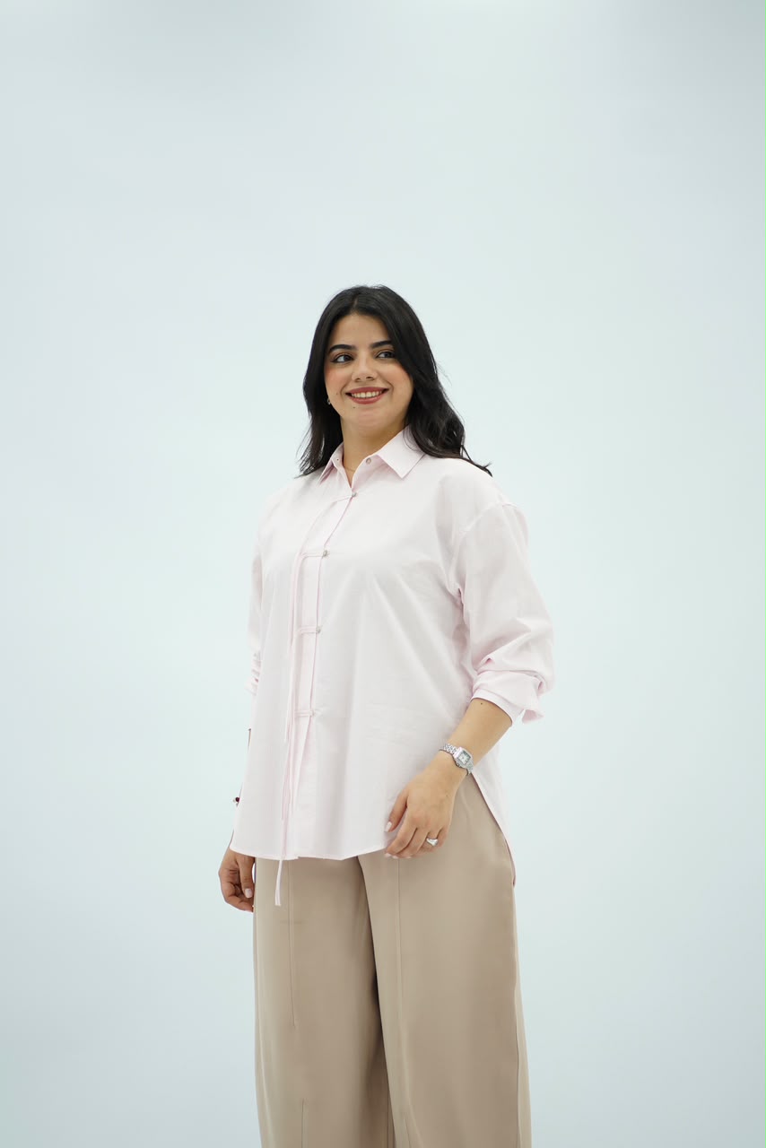 Chemise Oversize Rose Poudré avec Détail Cordon