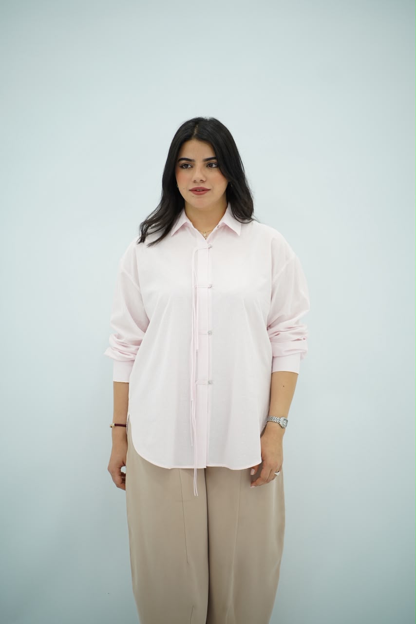 Chemise Oversize Rose Poudré avec Détail Cordon