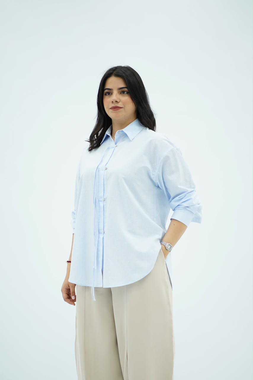 Chemise Oversize Bleu ciel avec Détail Cordon