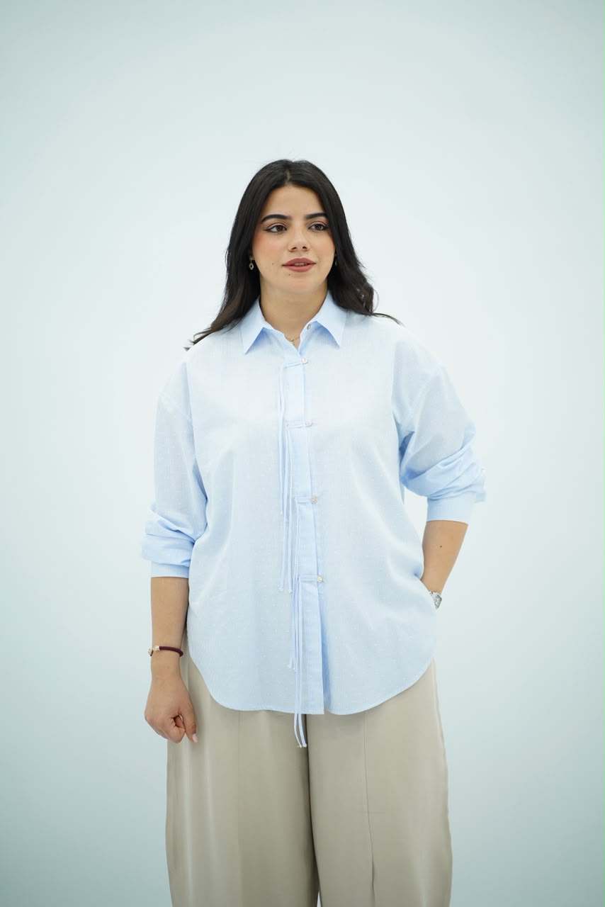 Chemise Oversize Bleu ciel avec Détail Cordon
