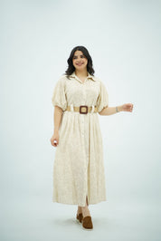 Robe Imprimée à Ceinture Raphia – Beige Écru