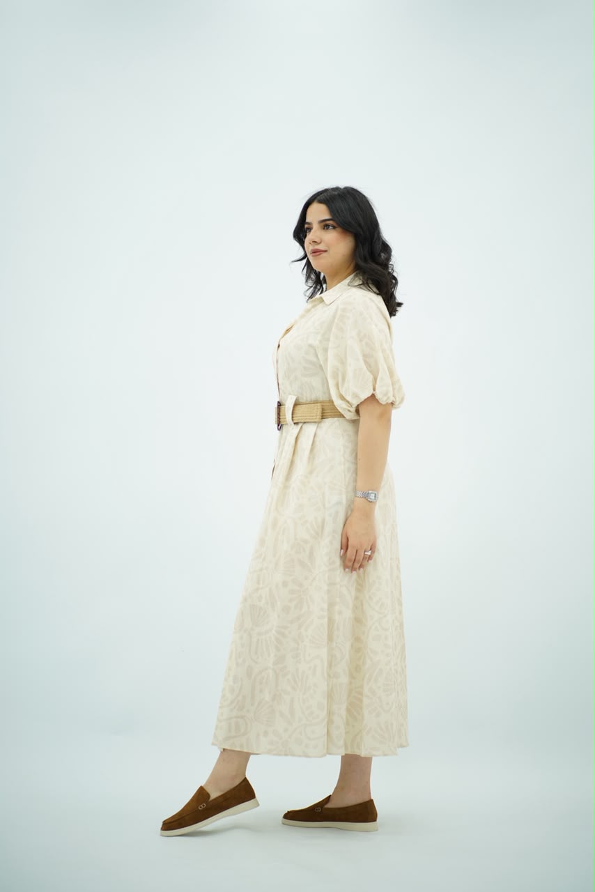 Robe Imprimée à Ceinture Raphia – Beige Écru