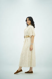 Robe Imprimée à Ceinture Raphia – Beige Écru