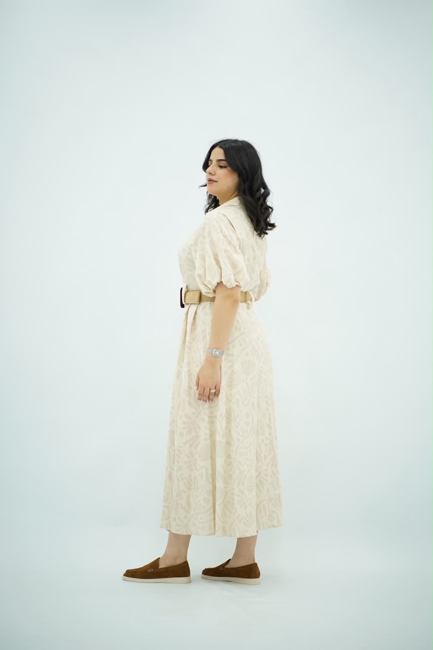 Robe Imprimée à Ceinture Raphia – Beige Écru