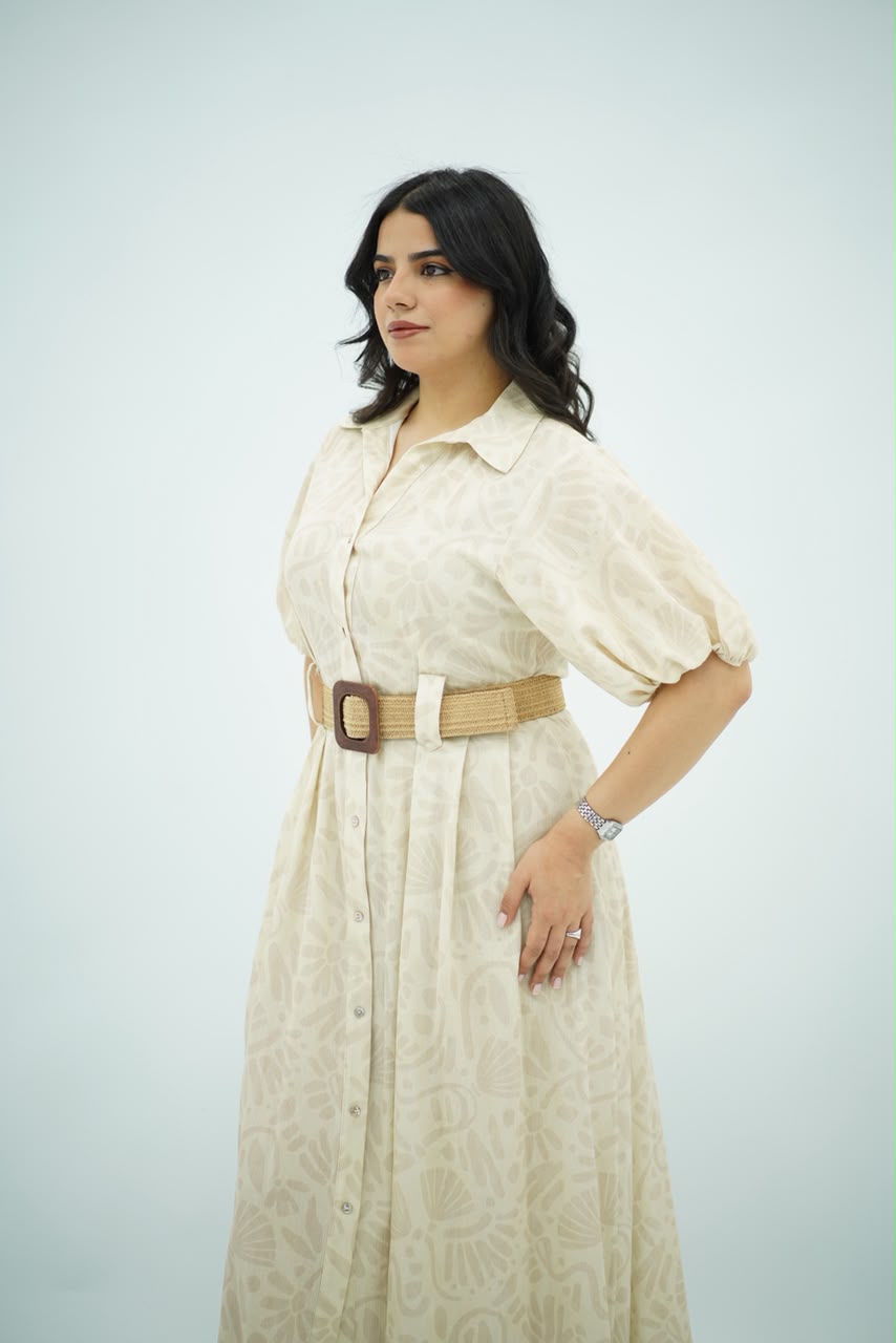 Robe Imprimée à Ceinture Raphia – Beige Écru