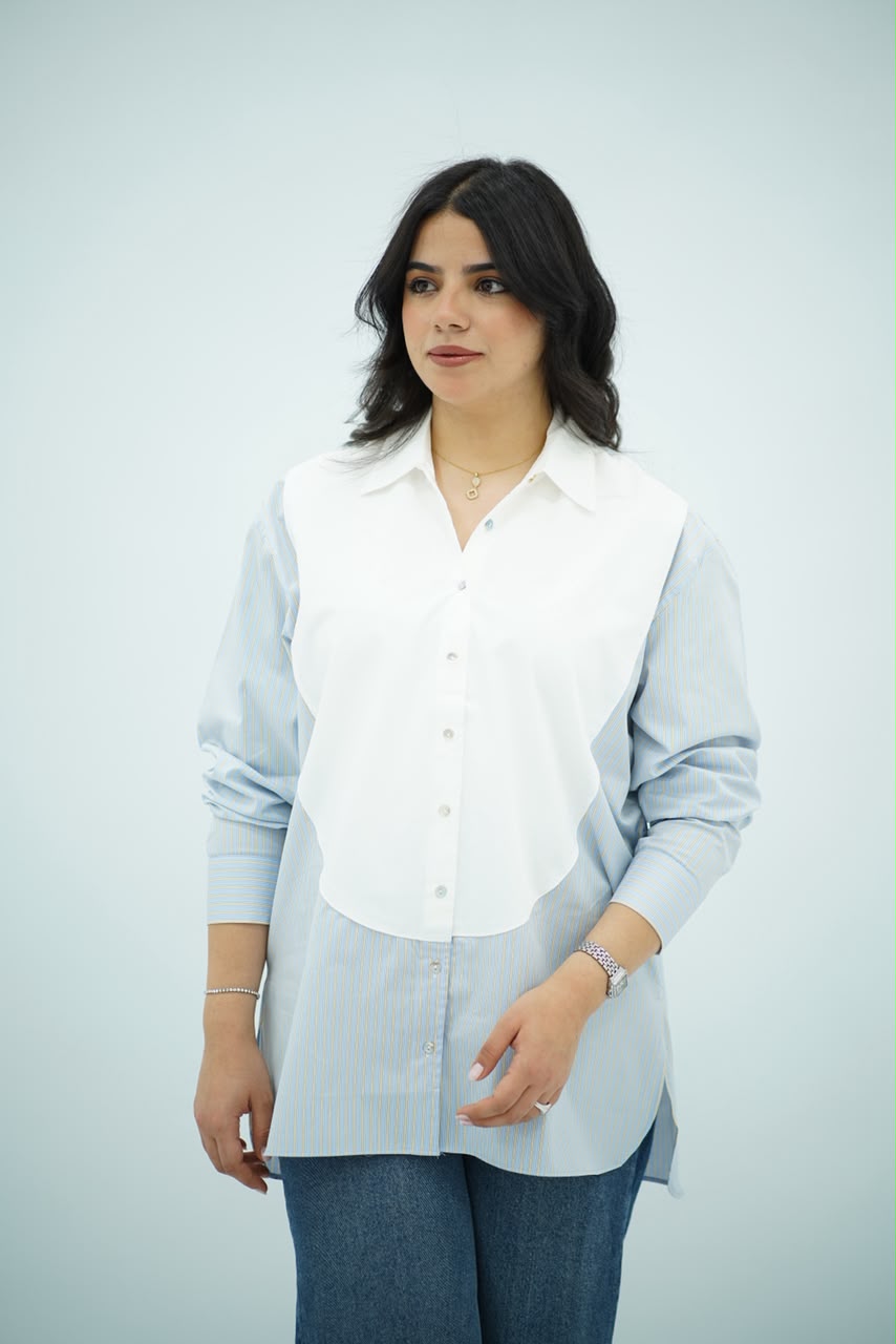 Chemise En popeline - Bleu rayures jaunes