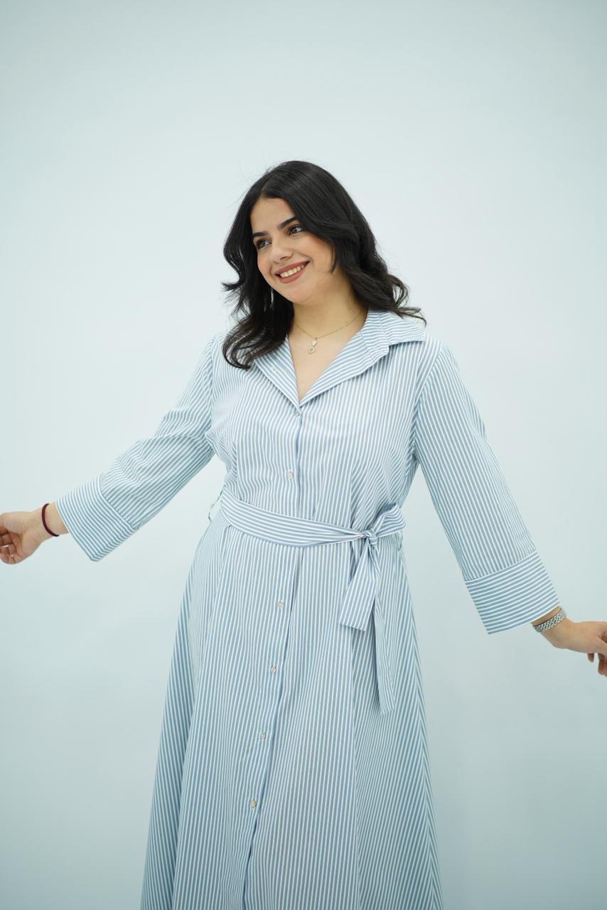 Robe-Chemise à Rayures – Bleu Ciel & Blanc