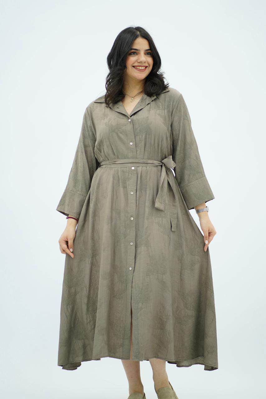 Robe-chemise Texturée en Taupe avec Ceinture