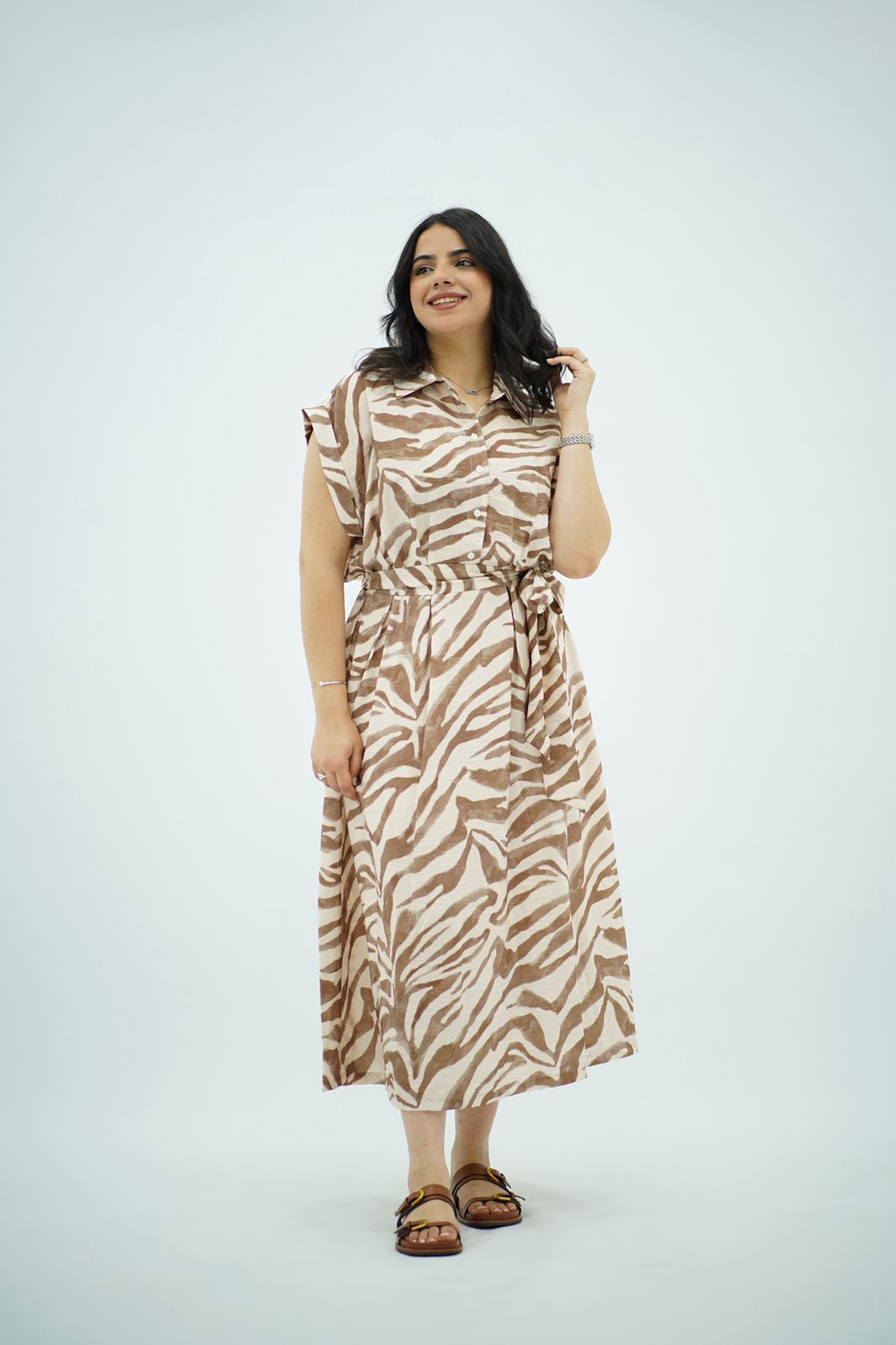 Robe Midi Imprimé Zèbre Beige