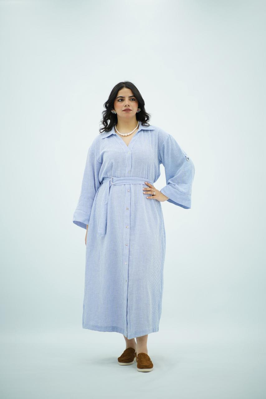 Robe en lin longue rayée bleu pastel