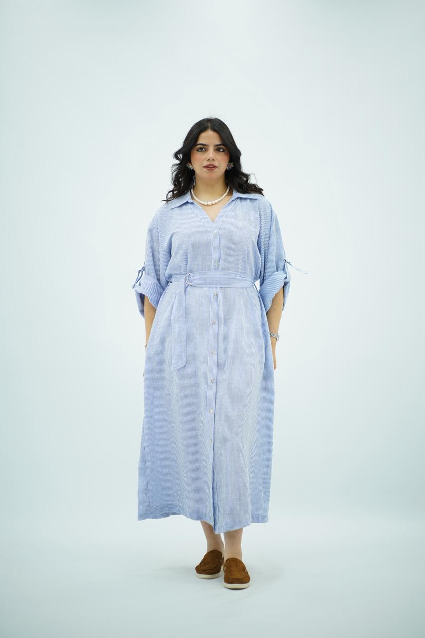 Robe en lin longue rayée bleu pastel