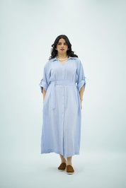 Robe en lin longue rayée bleu pastel