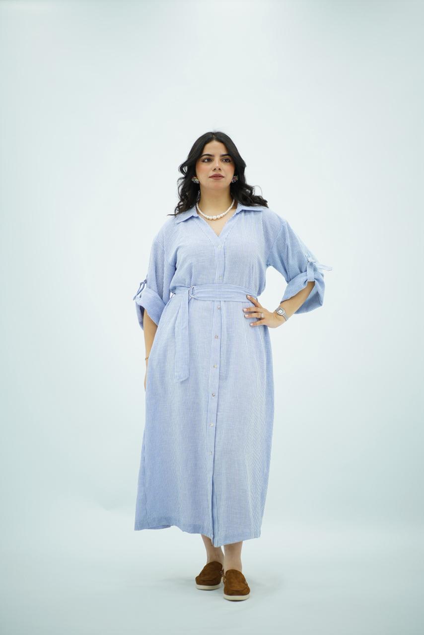 Robe en lin longue rayée bleu pastel