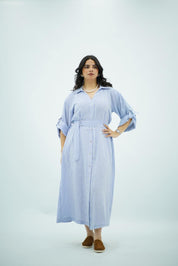 Robe en lin longue rayée bleu pastel