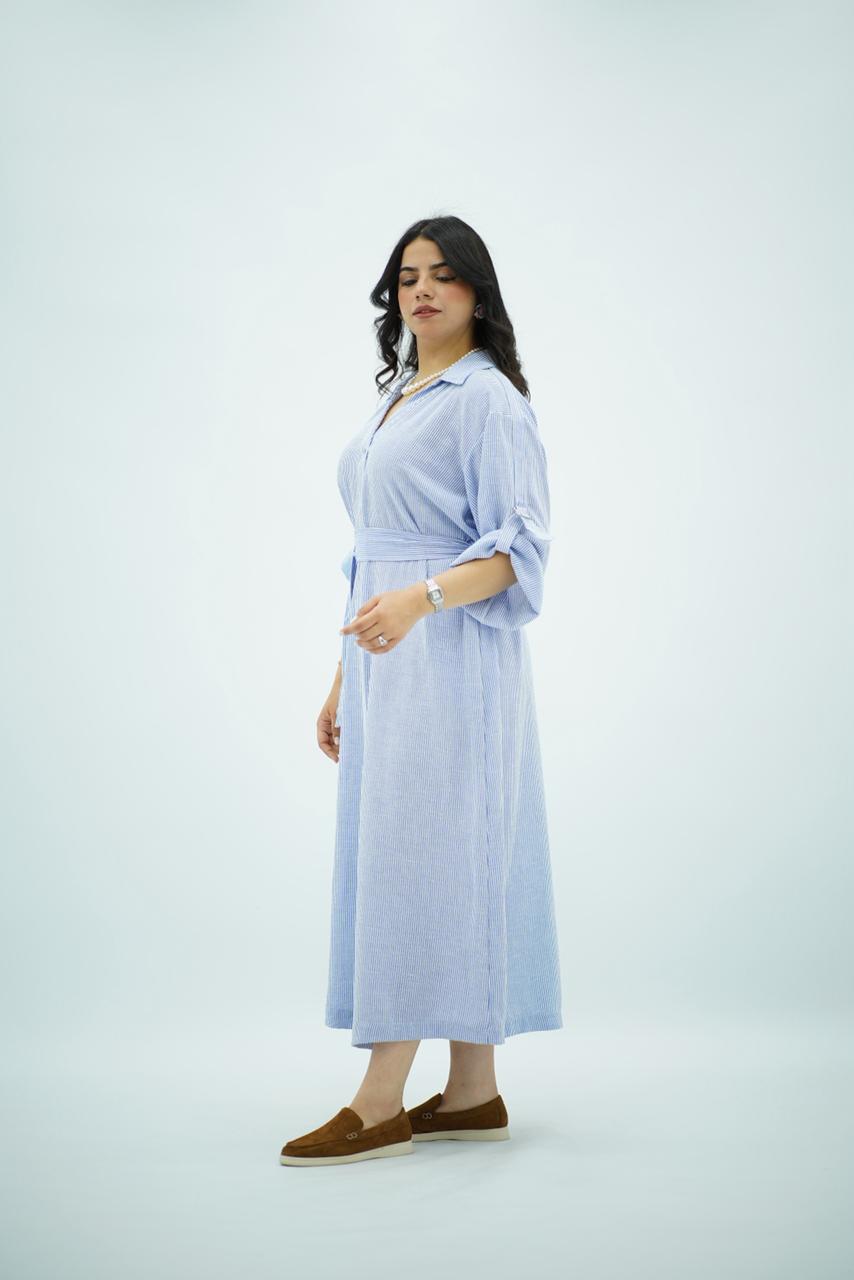 Robe en lin longue rayée bleu pastel