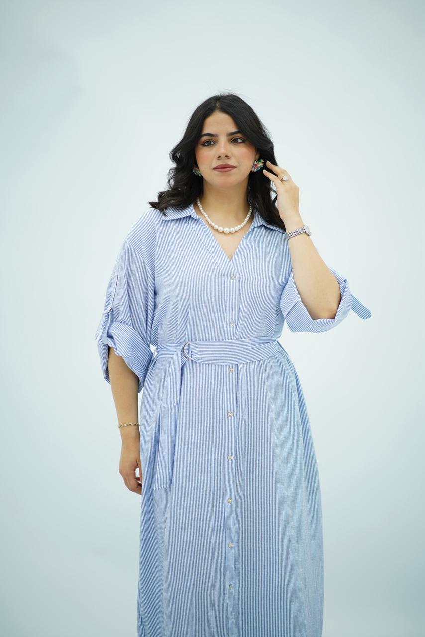 Robe en lin longue rayée bleu pastel