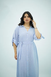 Robe en lin longue rayée bleu pastel