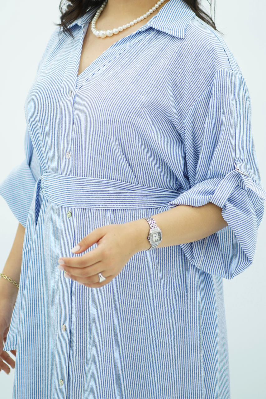 Robe en lin longue rayée bleu pastel