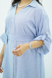 Robe en lin longue rayée bleu pastel
