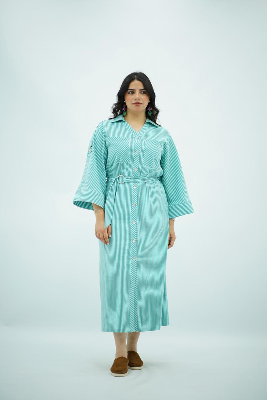 Robe chemise longue rayée vert menthe