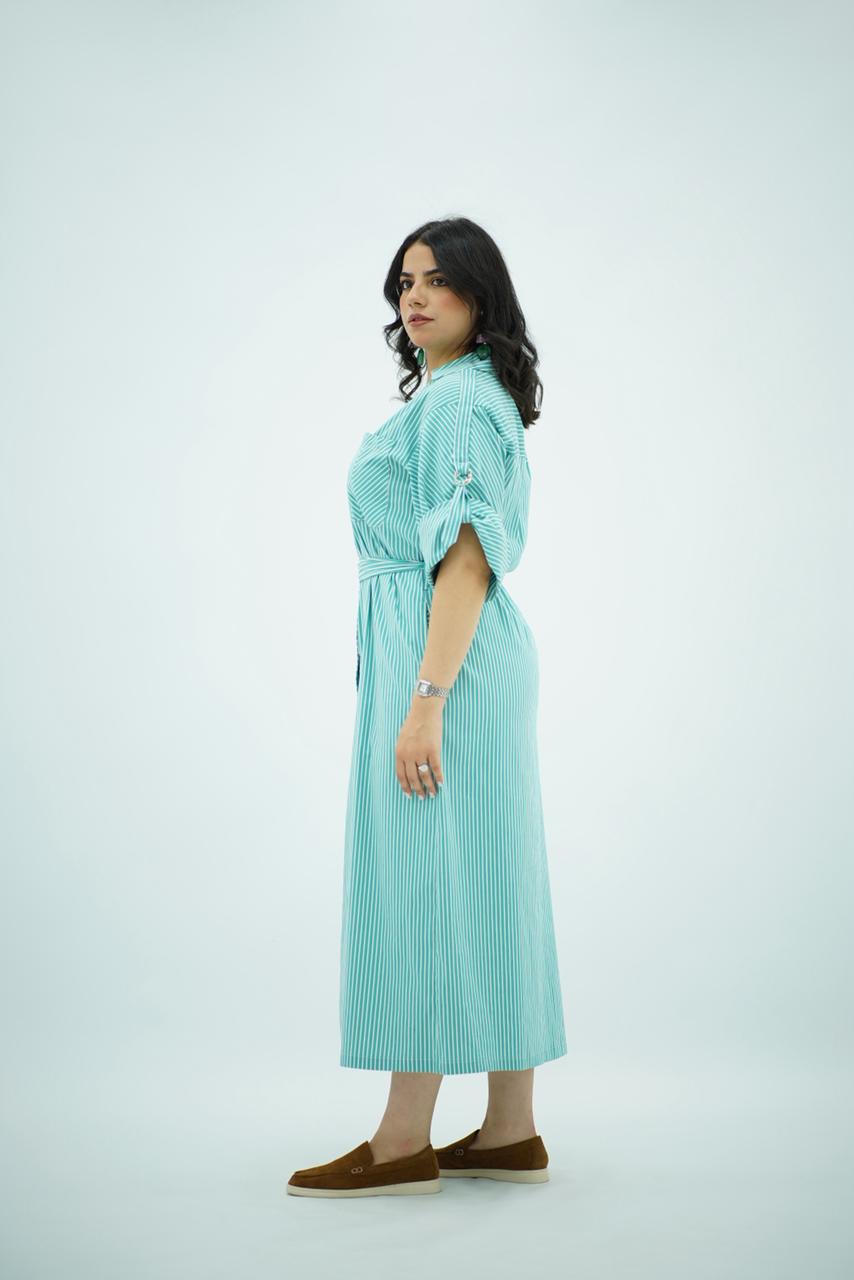 Robe chemise longue rayée vert menthe