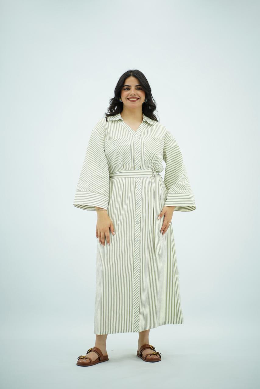 Robe chemise longue rayée vert avec ceinture