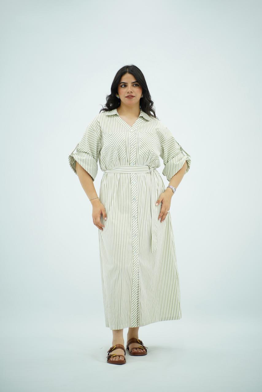 Robe chemise longue rayée vert avec ceinture