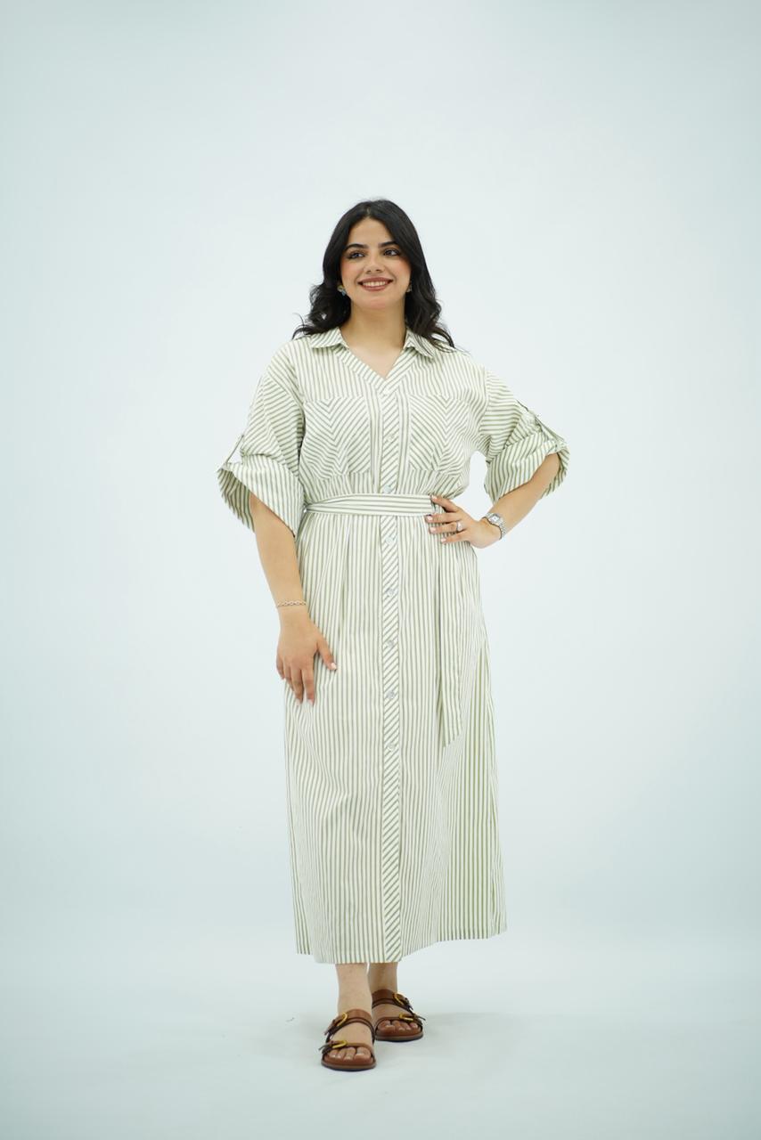 Robe chemise longue rayée vert avec ceinture